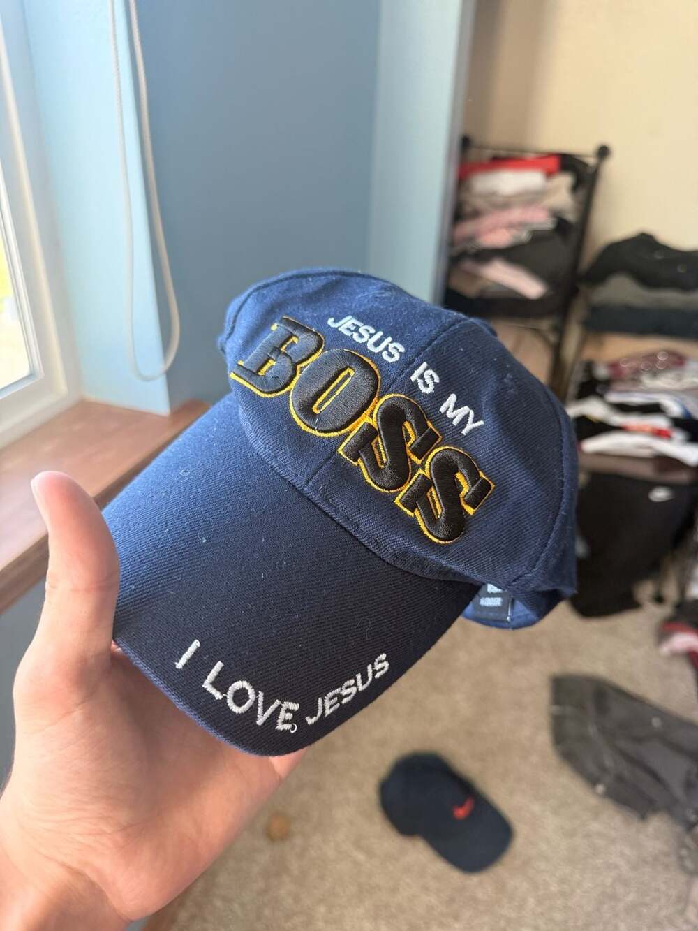 Jesus Is My Boss Baseball Cap Navy Blue Embroidered I Love Jesus Adjustable